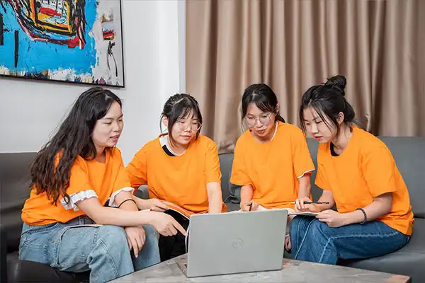 Hissenglobal team discussing in front of a laptop screen