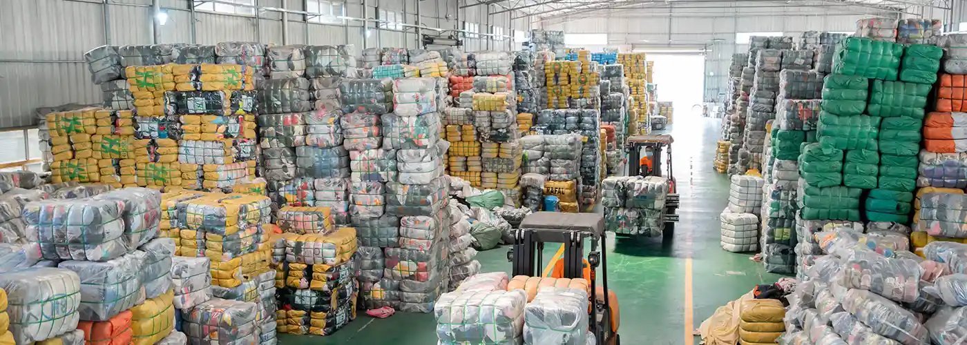 numerous used clothing bales prepared for shipping