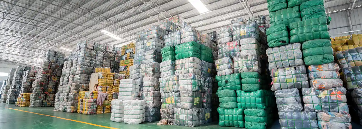 tall stacks of used clothing bales